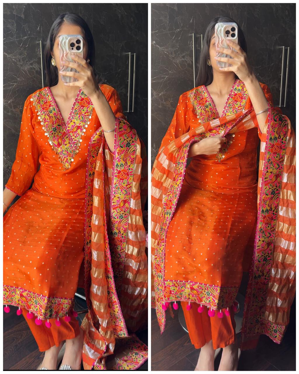 Orange Tissue Meenakari Suit Set