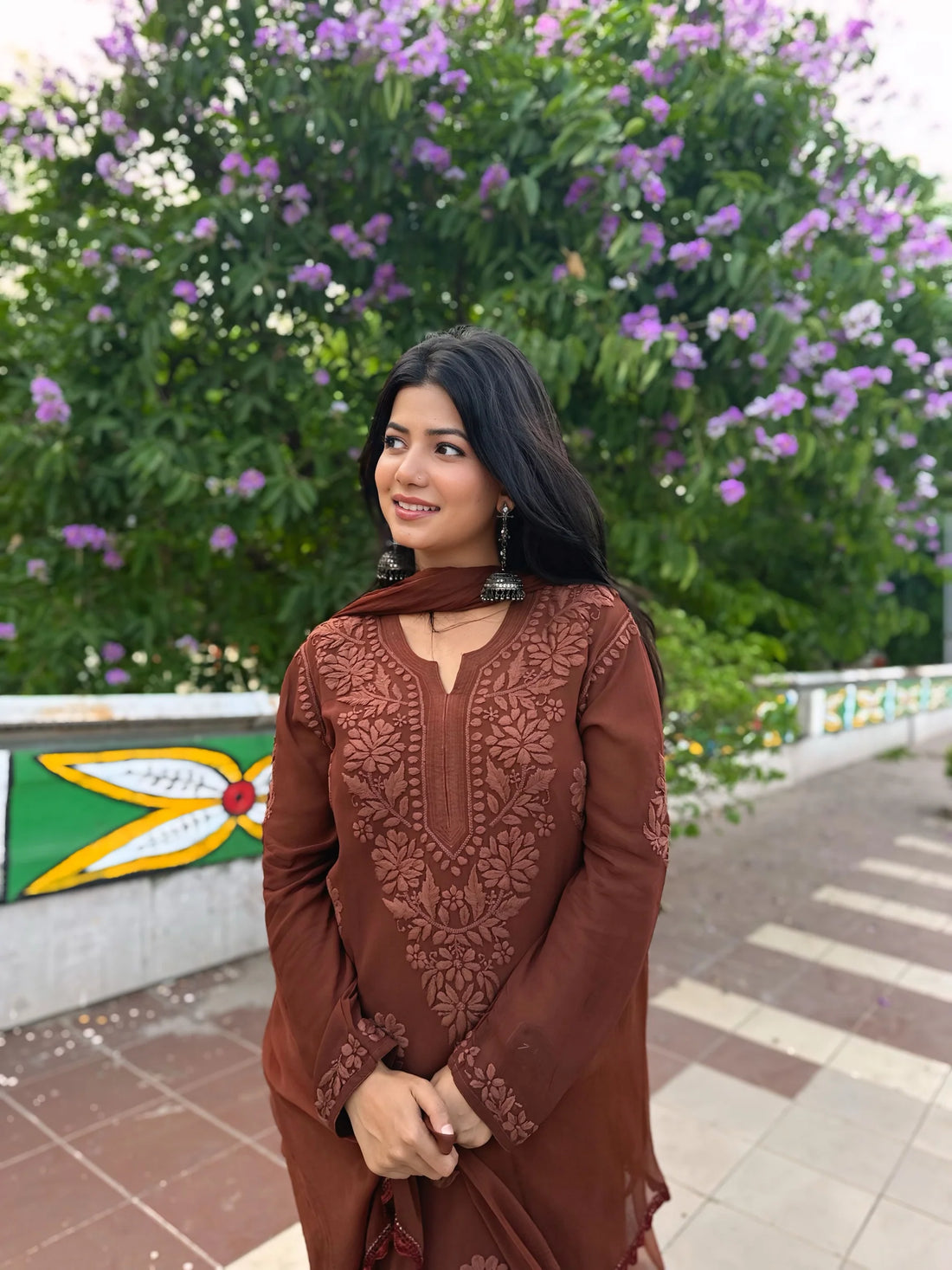 Mocha Blossom Viscose Georgette Straight Chikankari Kurta Set