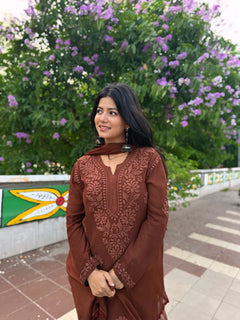 Mocha Blossom Viscose Georgette Straight Chikankari Kurta Set