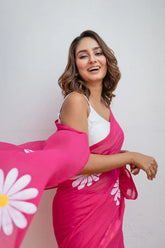Hot Pink Handpainted Mulmul Cotton Saree- By Reet Lifestyle