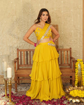 Mustard Chinon Solid Pre-Draped Saree