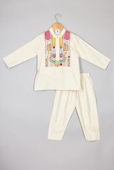Off White Flax Cotton Embroidered Kurta Pyjama