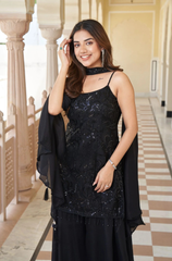 Black Viscose Piping Work Plazoo Suit