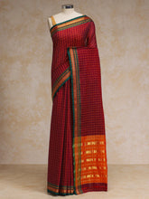 Deep Red Check Cotton Silk Kanchi Chettinad Saree With Zari Border
