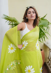Green Hand Painted Mulmul Cotton Saree- By Reet Lifestyle