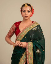 Deep Red saree with Blouse Gaji Silk Elbow Sleeve Saree With Blouse