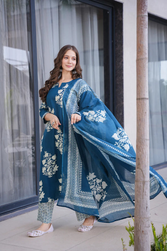 Ramya Blue Cotton Suit Set- By Reet Lifestyle