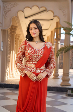 Orange Beads Work Viscose Pre-Draped Saree with Blouse