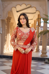 Orange Beads Work Viscose Pre-Draped Saree with Blouse