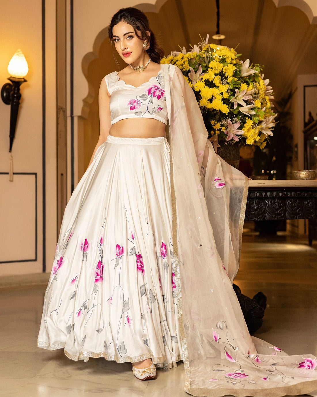 Green Hand-Painted Floral Satin Lehenga Set