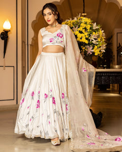 Green Hand-Painted Floral Satin Lehenga Set