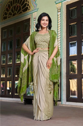 Green Viscose Embroidered Crop Top Skirt