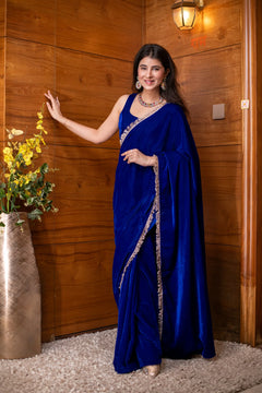 Velvet Electric Blue Ready-to-Wear Saree with blouse- By Reet Lifestyle