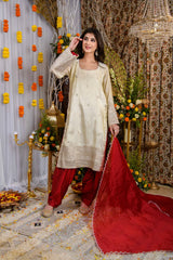 Beige And Red Tissue Kurta Set- By Reet Lifestyle