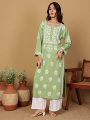 Rayon Long Chikankari Straight Kurti