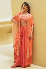 Peach Orange Chinon Skirt Set