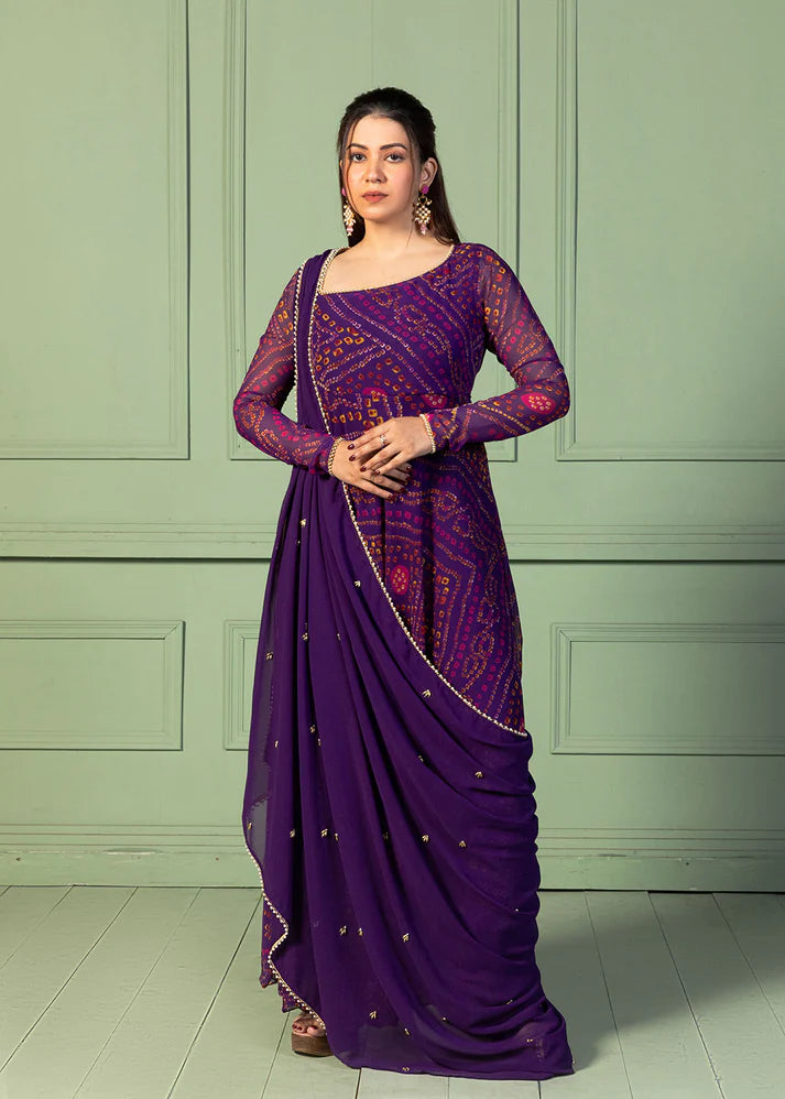 Bandhani Asymmetric Neck Anarkali with Dupatta