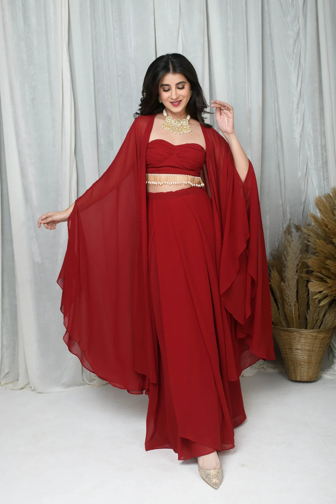 Red Cape and Drape Skirt Set- By Reet Lifestyle