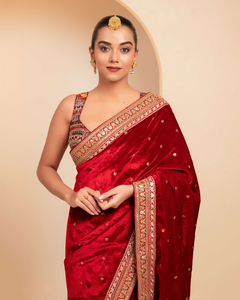 Maroon Velvet Berry Blockbuster Saree with Blouse