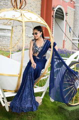 Navy Blue Viscose Designer Pre-Draped Saree