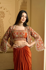 Orange Embroidered Crepe Three Piece Co-Ord Set