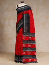 Red Black Batik Art Print Cotton Saree