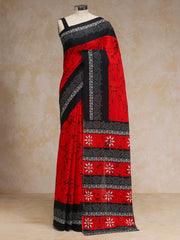 Red Black Batik Art Print Cotton Saree