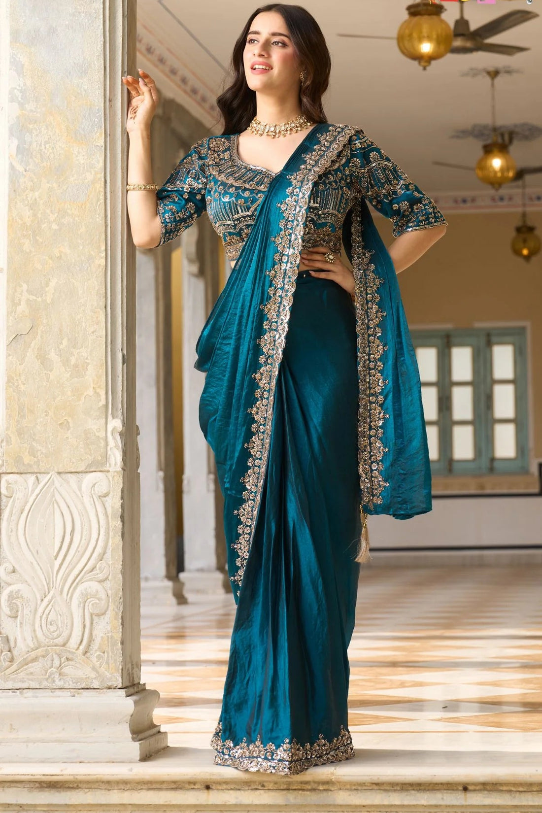 Teal Pre-Draped Saree with Intricate Beads Work Blouse