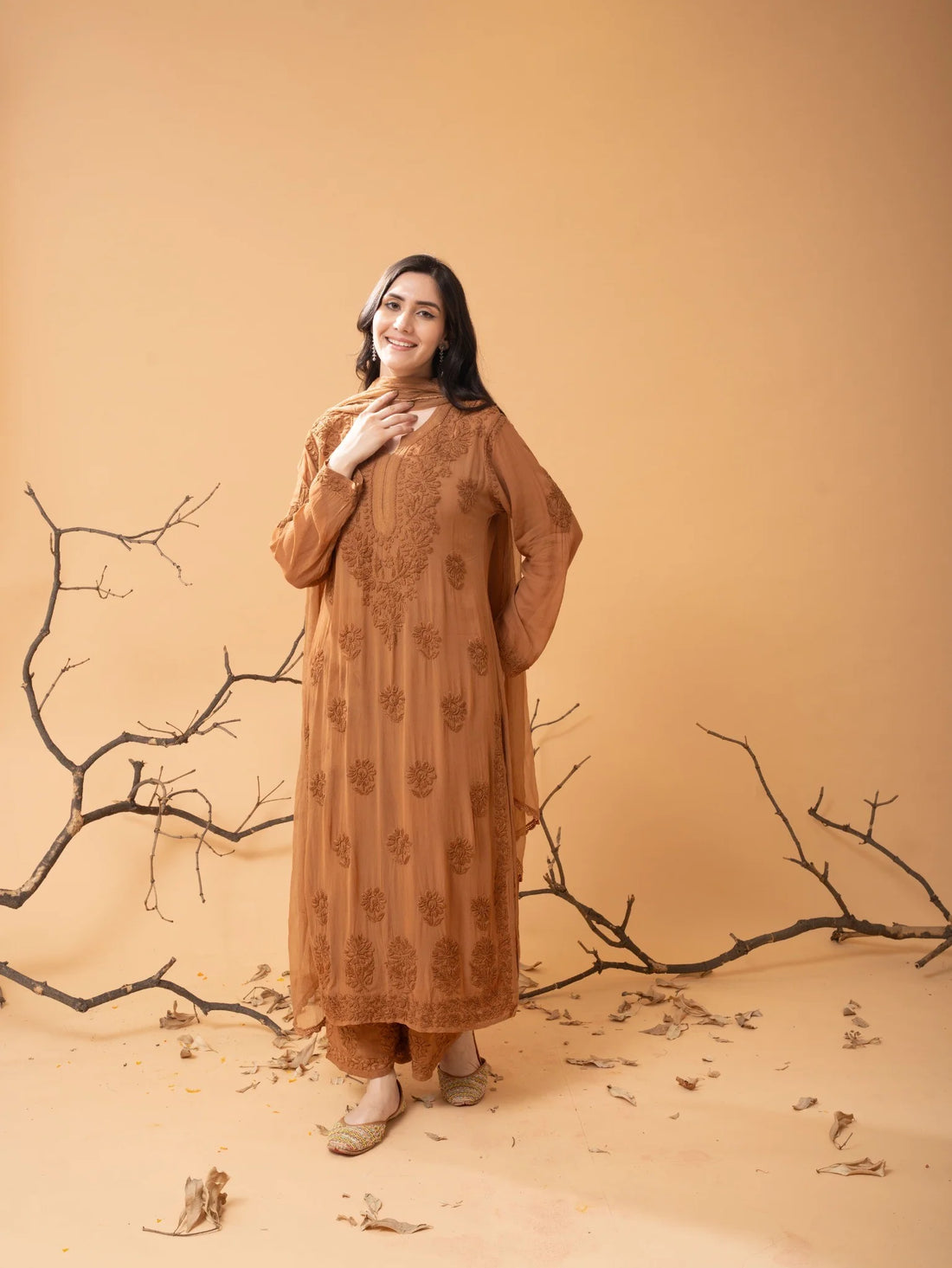 Mocha Blossom Viscose Georgette Straight Chikankari Kurta Set