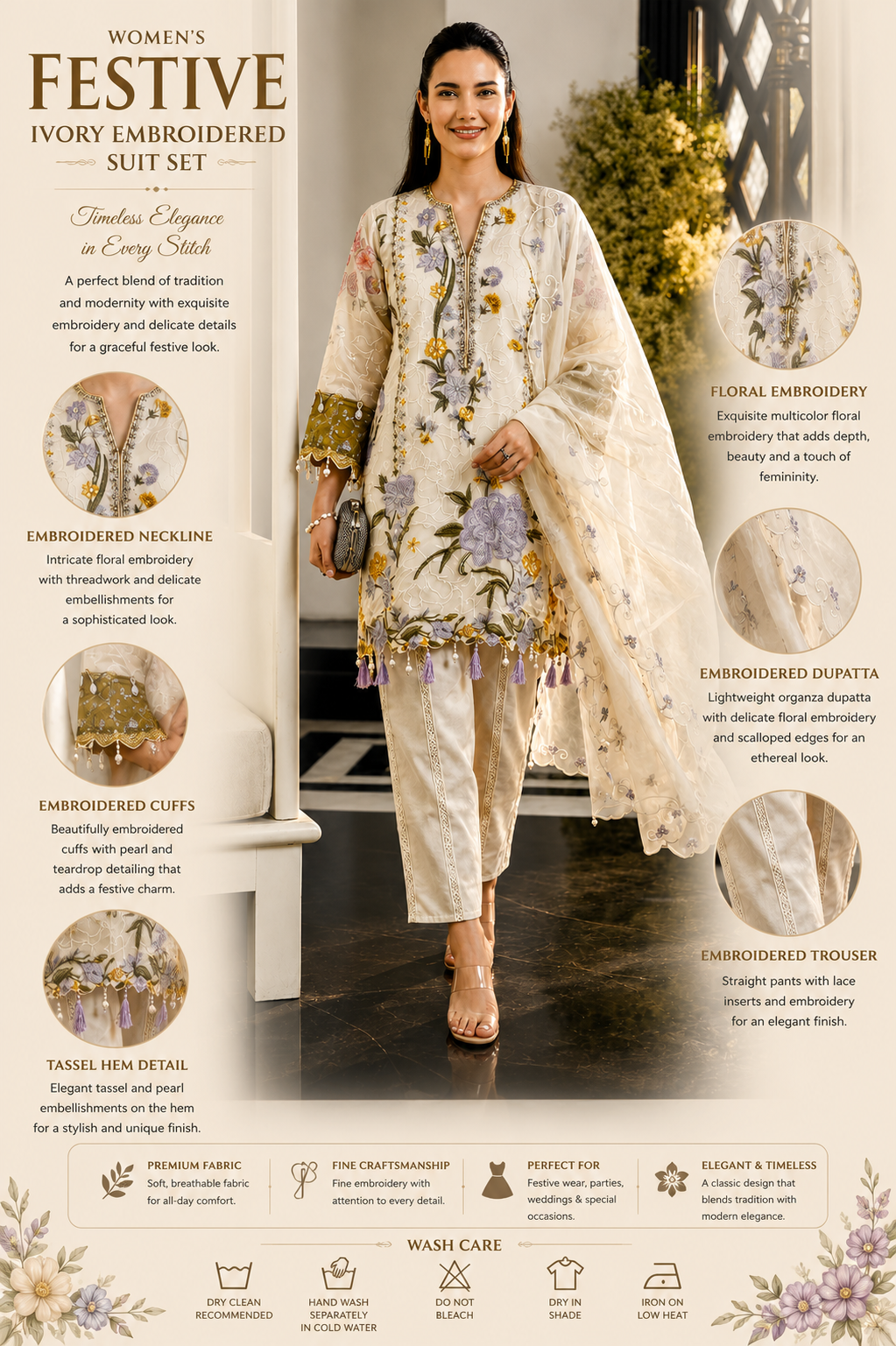 Women's Festive Ivory Embroidered Suit Set