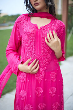 Mocha Blossom Viscose Georgette Straight Chikankari Kurta Set