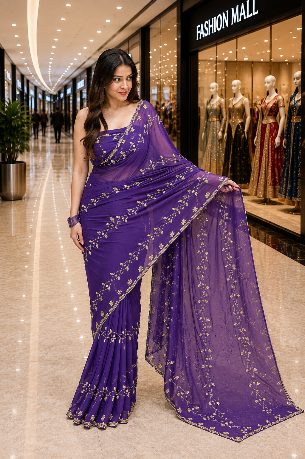 Royal Purple Pure Chiffon Floral Handwork Saree