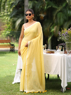 Sky Blue Gingham Mul Cotton Checks Saree