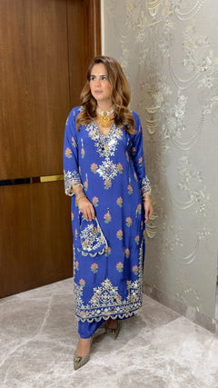 Blue Mehfil Embellished Kaftan with Potli