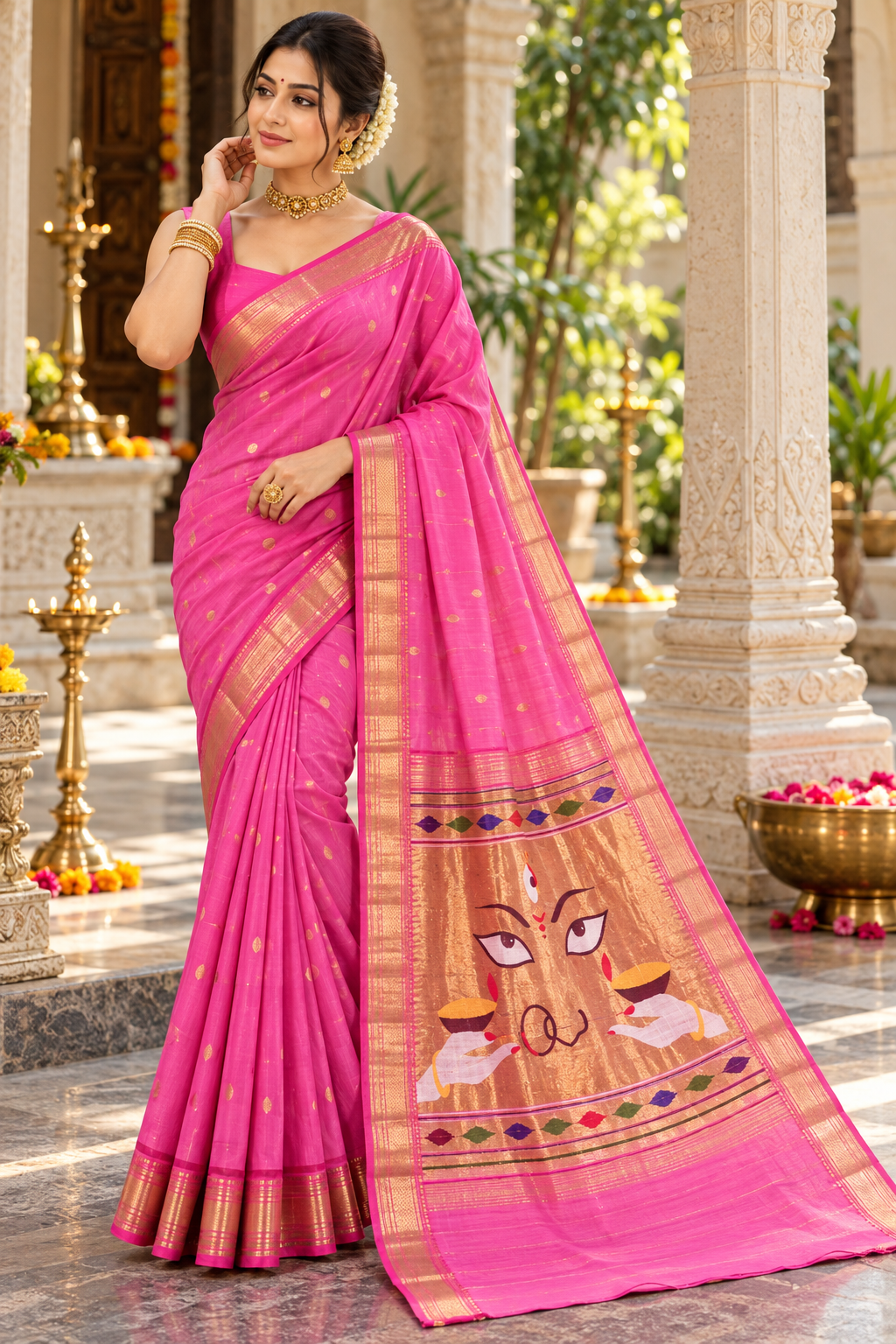 Traditional Maharashtrian Devi Varn Temple Design Zari Border Cotton Paithani Saree