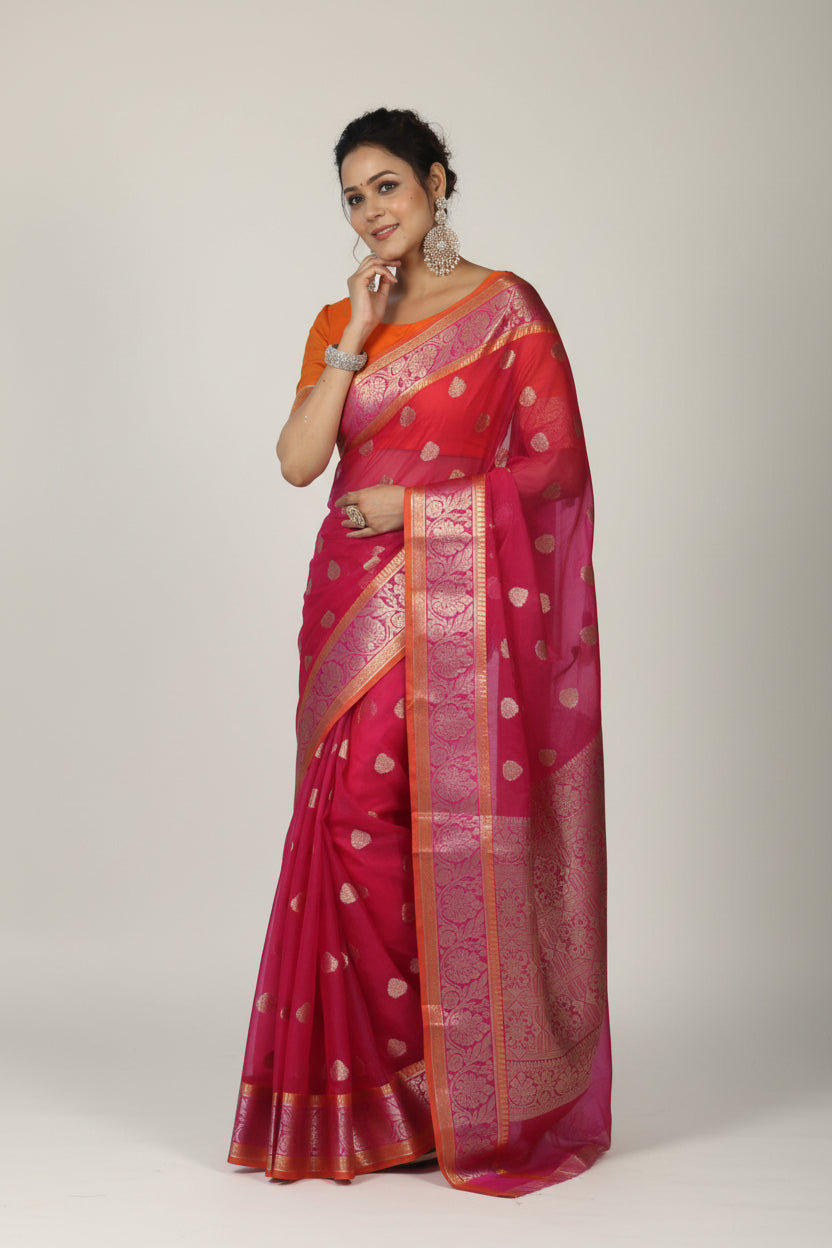Banarasi Organza Saree with Gold Butti and Zari Border in Rani Pink