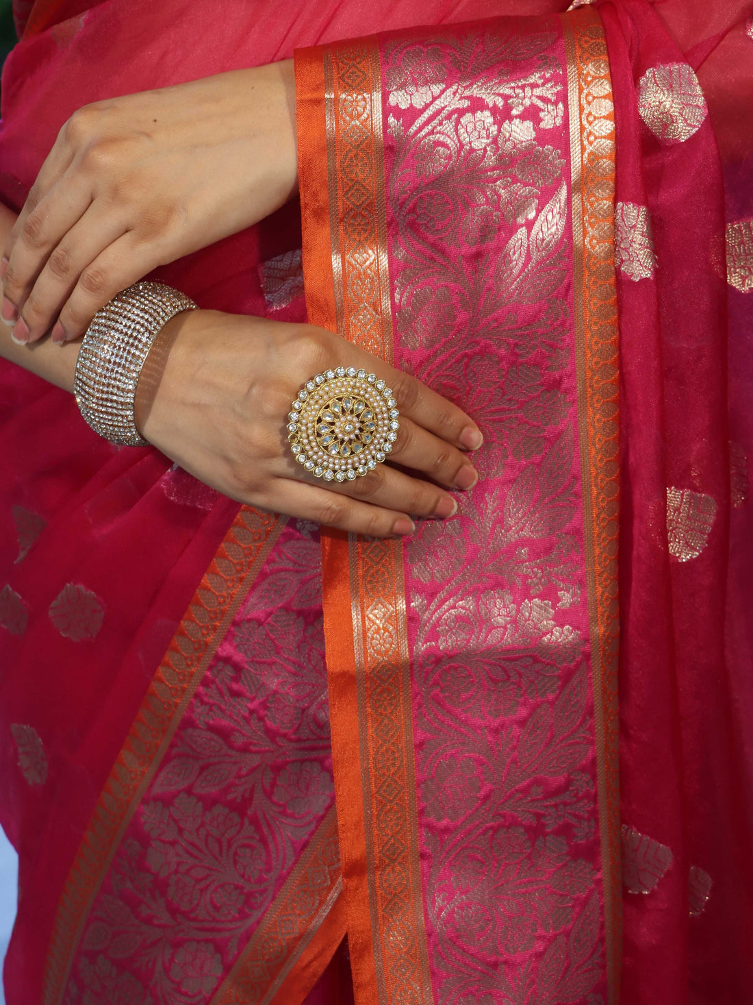 Banarasi Organza Saree with Gold Butti and Zari Border in Rani Pink