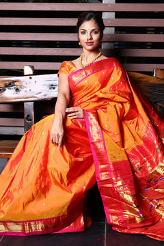 Paithani Weave with Peach and Gold Border with Double Pallu