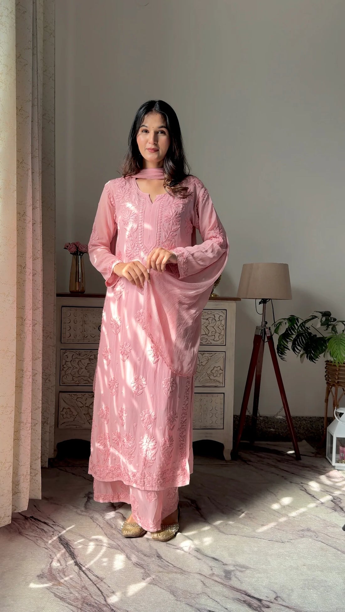 Mocha Blossom Viscose Georgette Straight Chikankari Kurta Set