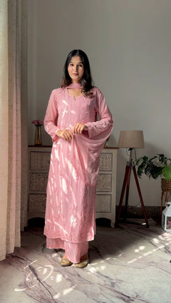 Mocha Blossom Viscose Georgette Straight Chikankari Kurta Set