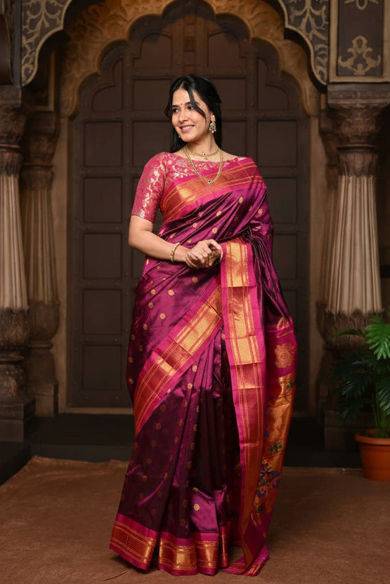 Maharani Paithani with Majestic Maharani Pallu in Wine