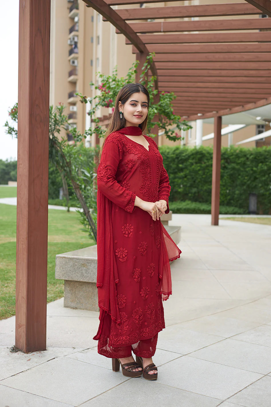 Mocha Blossom Viscose Georgette Straight Chikankari Kurta Set