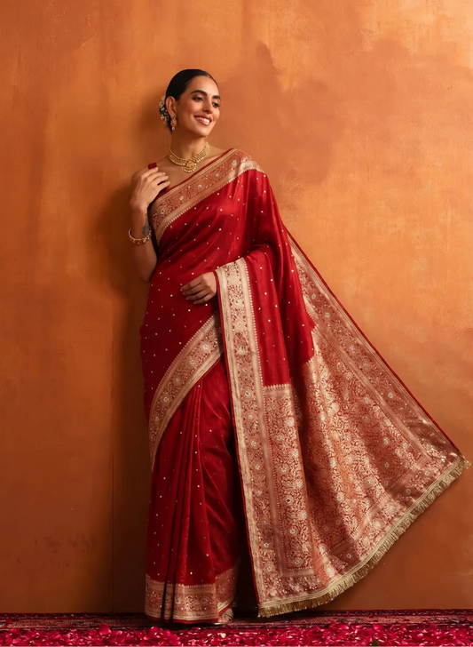 Ruby Royale Banarasi Tissue Mirror Work Border Saree with Blouse