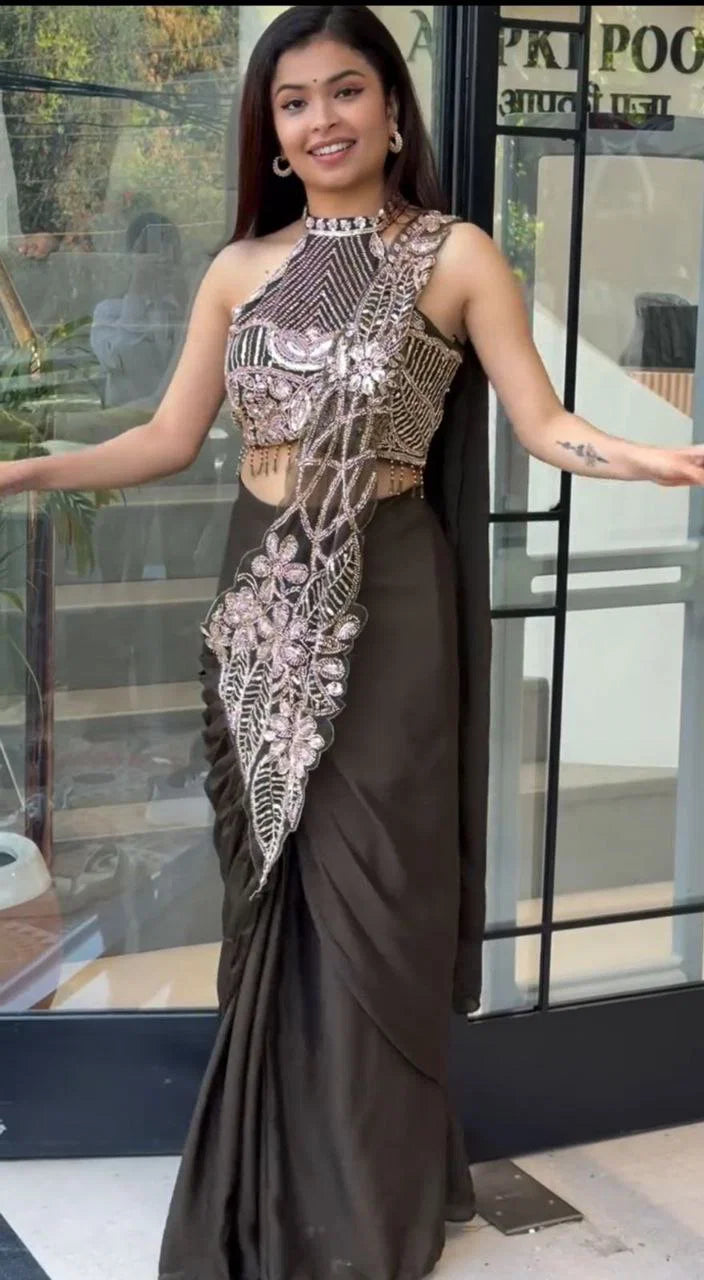 Noor Zahra Luxe Embroidered Saree (Ready-To-Wear) with Blouse
