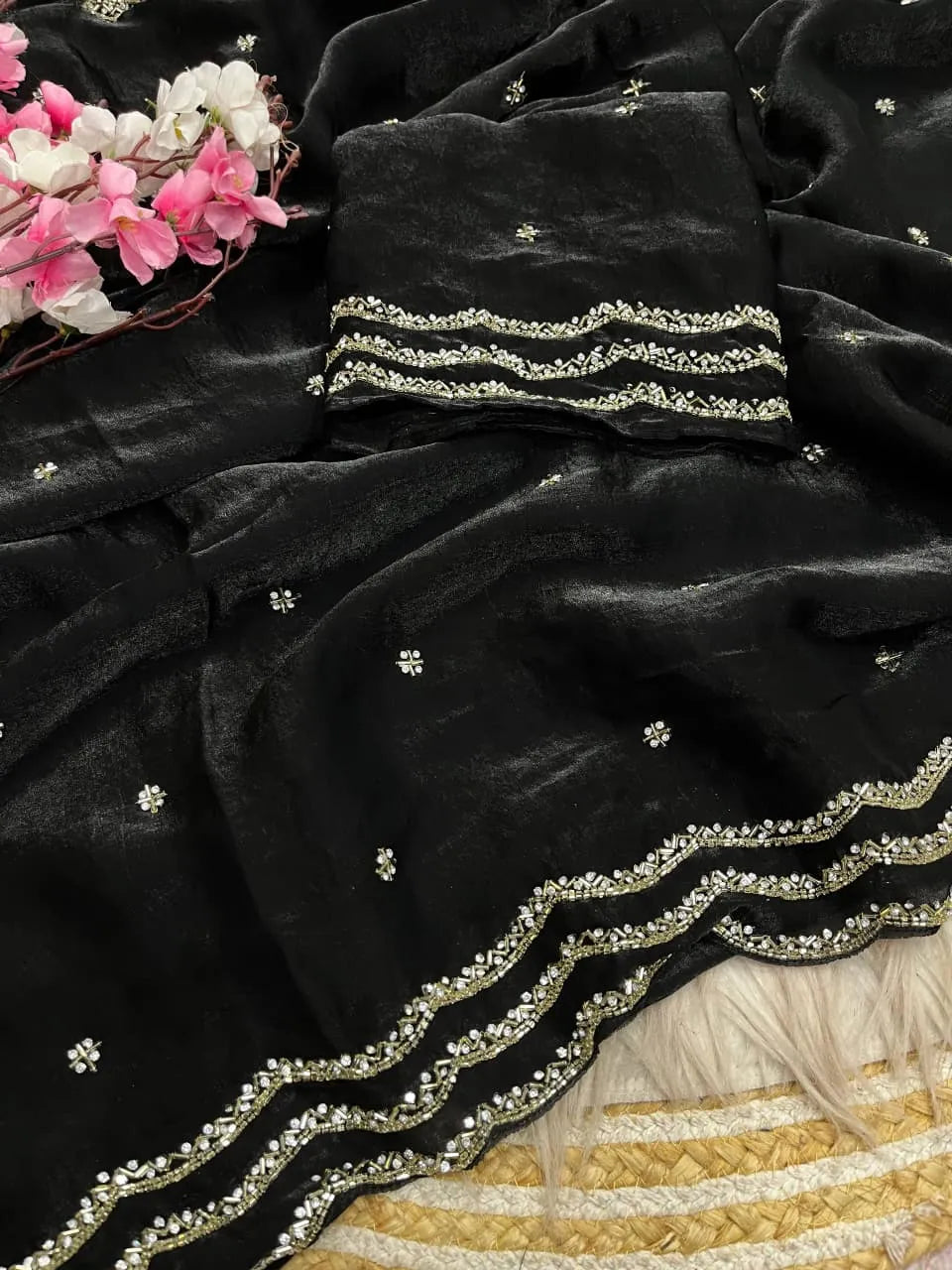 Noir Drape Ready-to-Wear Satin Chiffon Saree with Blouse