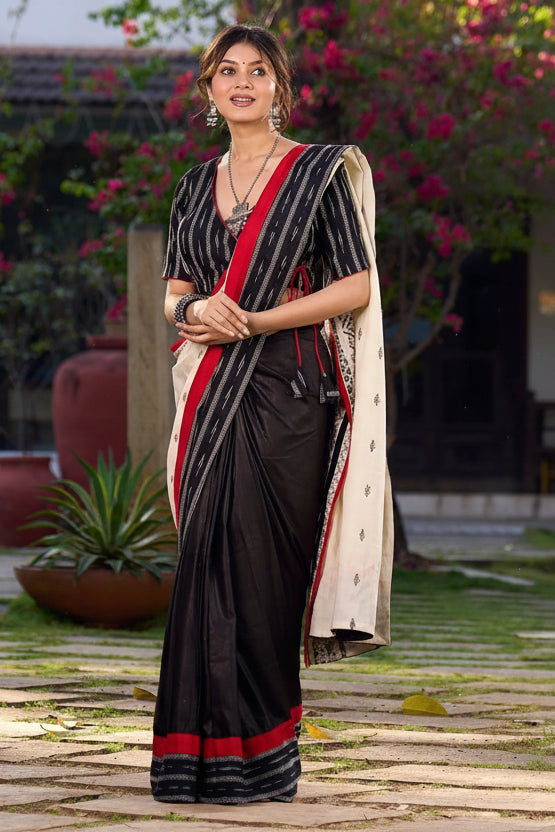 Black Saree with Ikat & Jamdani Accents with Stiched Blouse