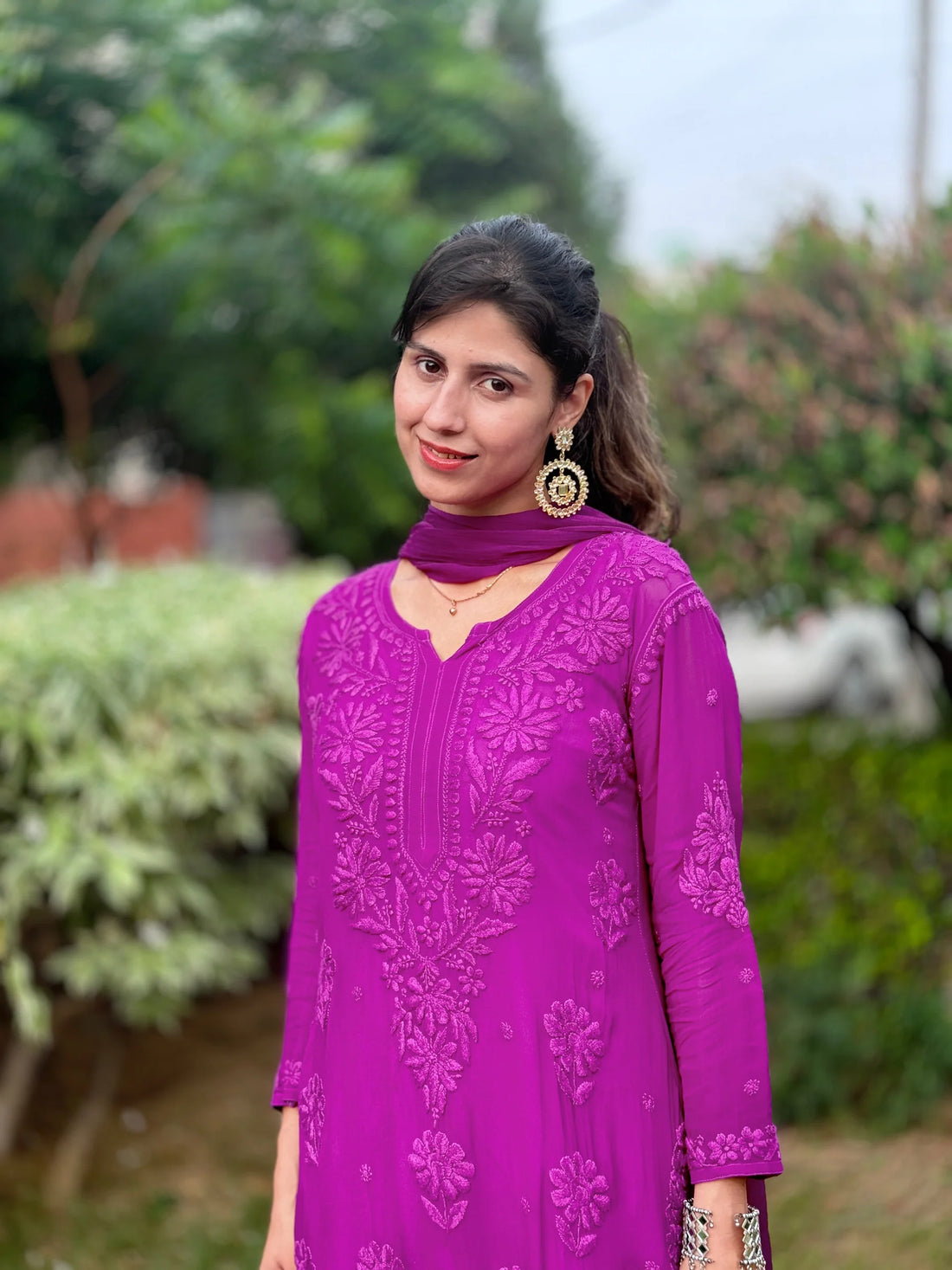 Mocha Blossom Viscose Georgette Straight Chikankari Kurta Set