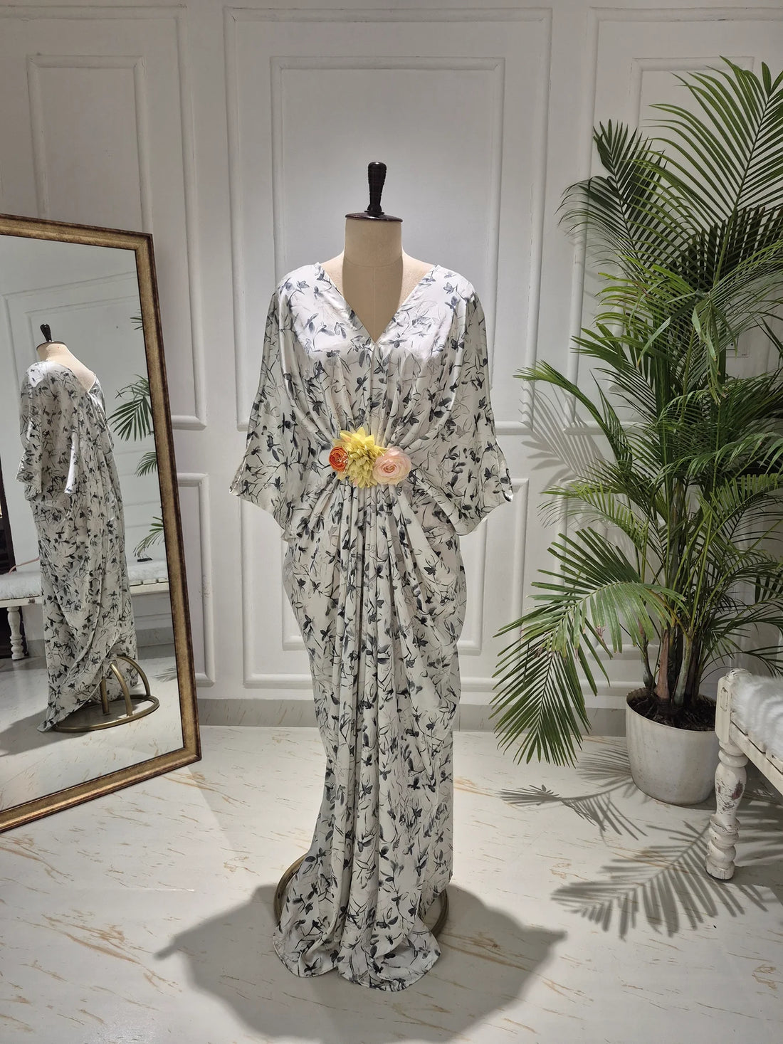 Ivory Bloom Floral Printed Designer Kaftan