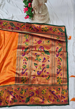 Surmayi Orange Soft Silk Paithani Saree with Lotus & Peacock Copper Zari Pallu