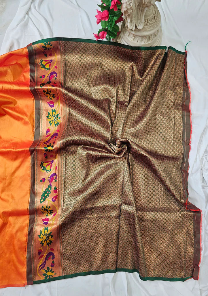 Surmayi Orange Soft Silk Paithani Saree with Lotus & Peacock Copper Zari Pallu